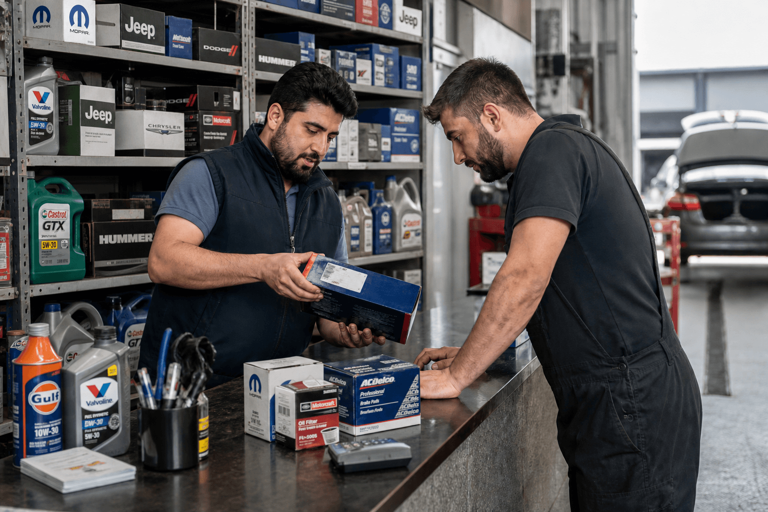 Walk-in parts counter at Mecanum Ras Al Khor where customers collect orders